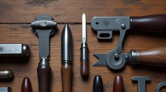 Close up of specialized artisan tools on a wooden bench